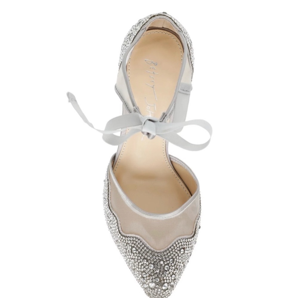Betsey Johnson Silver and Nude Crystal Pointed Toe Ankle Tie Heels
